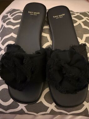 kate spade Black Floral Fabric Bow Slide Sandals